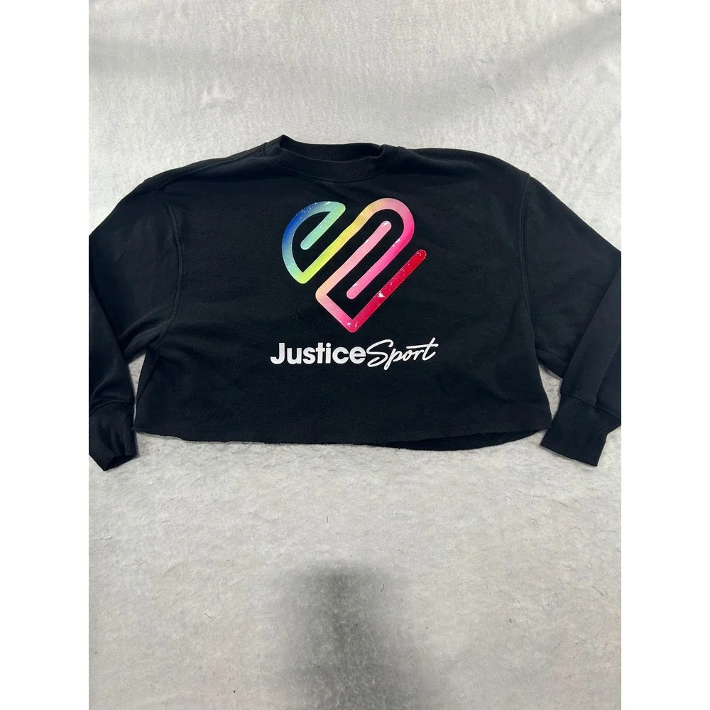 Justice Sport Girls Black Cropped Sweatshirt Rainbow Heart Logo Size M 10